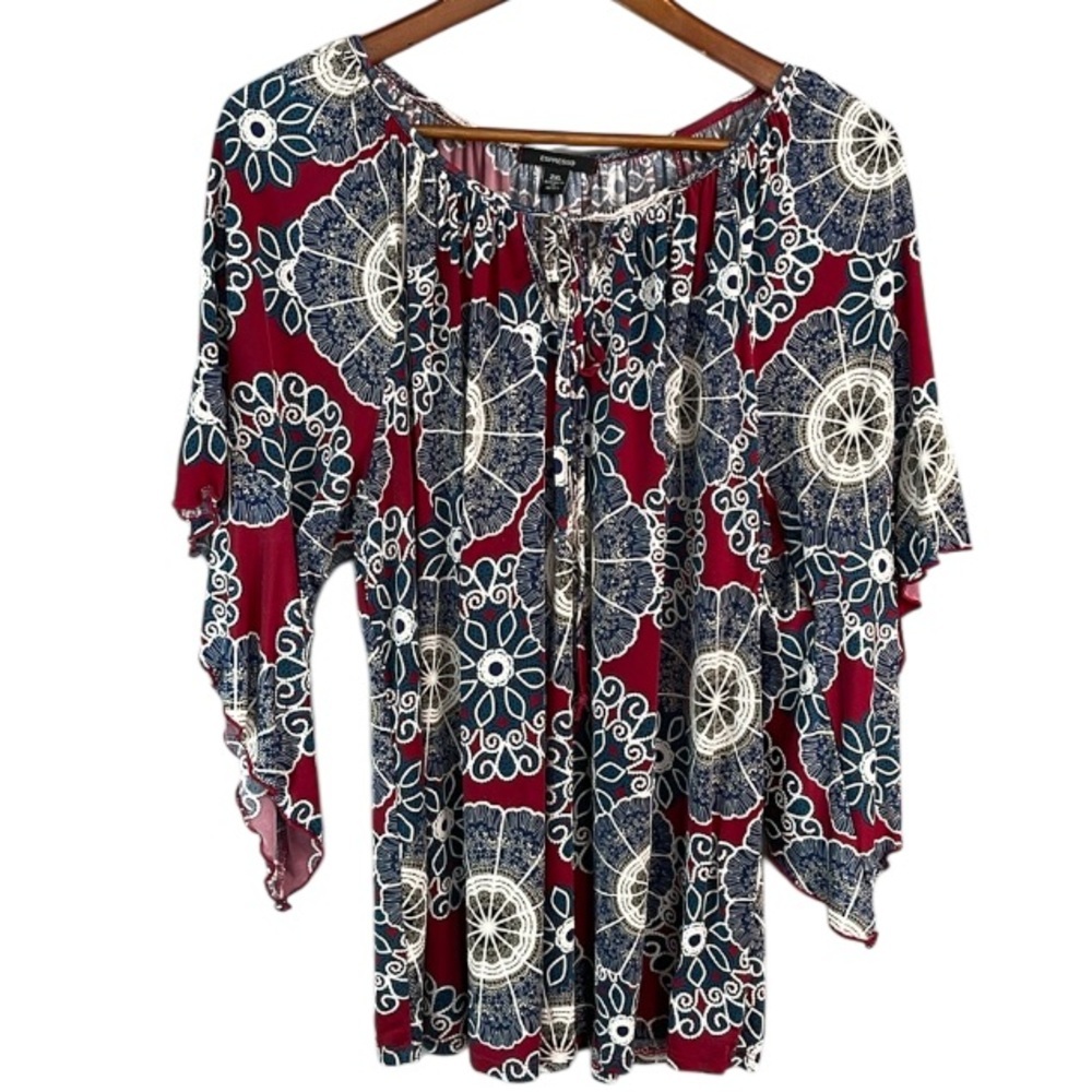 Espresso Asymmetrical Blue and Red Blouse 3/4 Sleeve